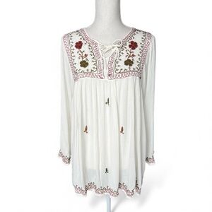 Geeta white Embroidered Boho Top long sleeve peasant tunic flowy hippie one size